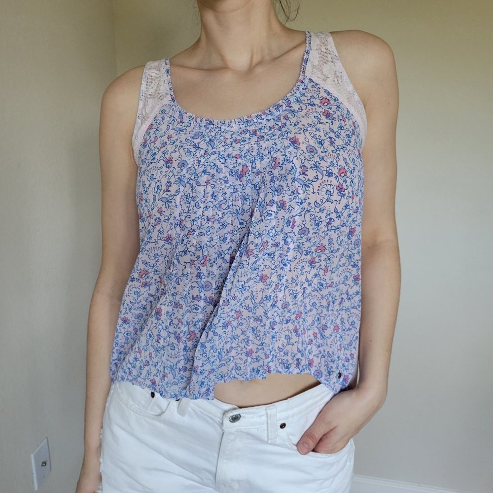 Pink and Blue Paisley Sheer Pleated Top